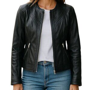 Buckle Black faux Leather Jacket Women's size L zip front , pockets & cuffs